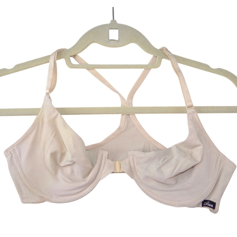Fredericks of Hollywood Diva Racerback Bra Beige Nude Front Clasp Underwire‎
